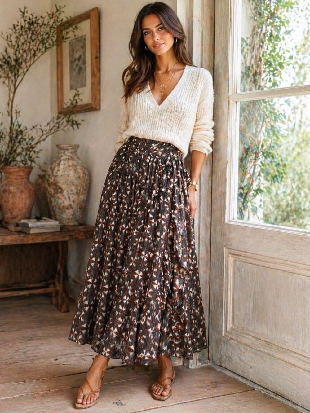 NWT Ulla Johnson Ruffle Maxi Skirt Women 0 Sofia Olive Prism Silk Brown Metalic